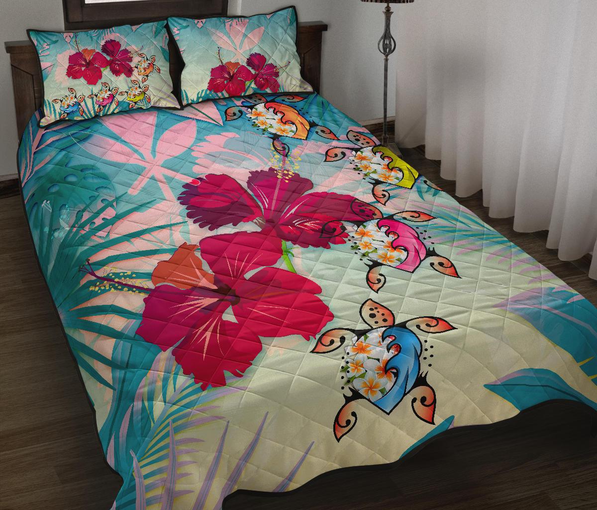 Polynesian Hawaii Quilt Bed Set - Plumeria Turtles with Hibiscus BLUE - Polynesian Pride