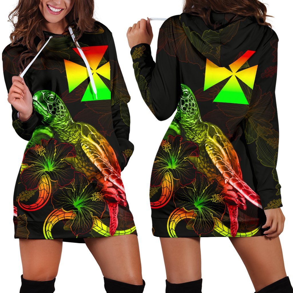 Wallis and Futuna Polynesian Hoodie Dress - Turtle With Blooming Hibiscus Reggae Reggae - Polynesian Pride