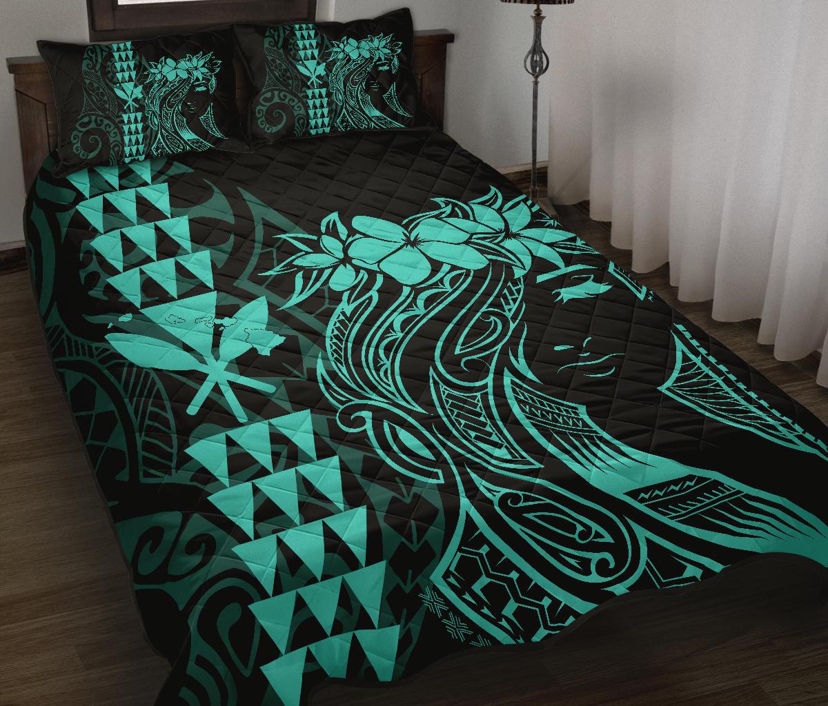 Hawaii Map Kanaka Polynesian Hula Girl Quilt Bed Set - Turquoise Turquoise - Polynesian Pride