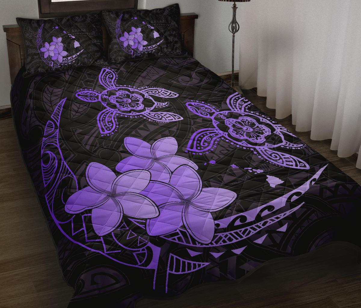 Hawaii Polynesian Turtle Plumeria Quilt Bed Set - Pog Style Purple - Polynesian Pride