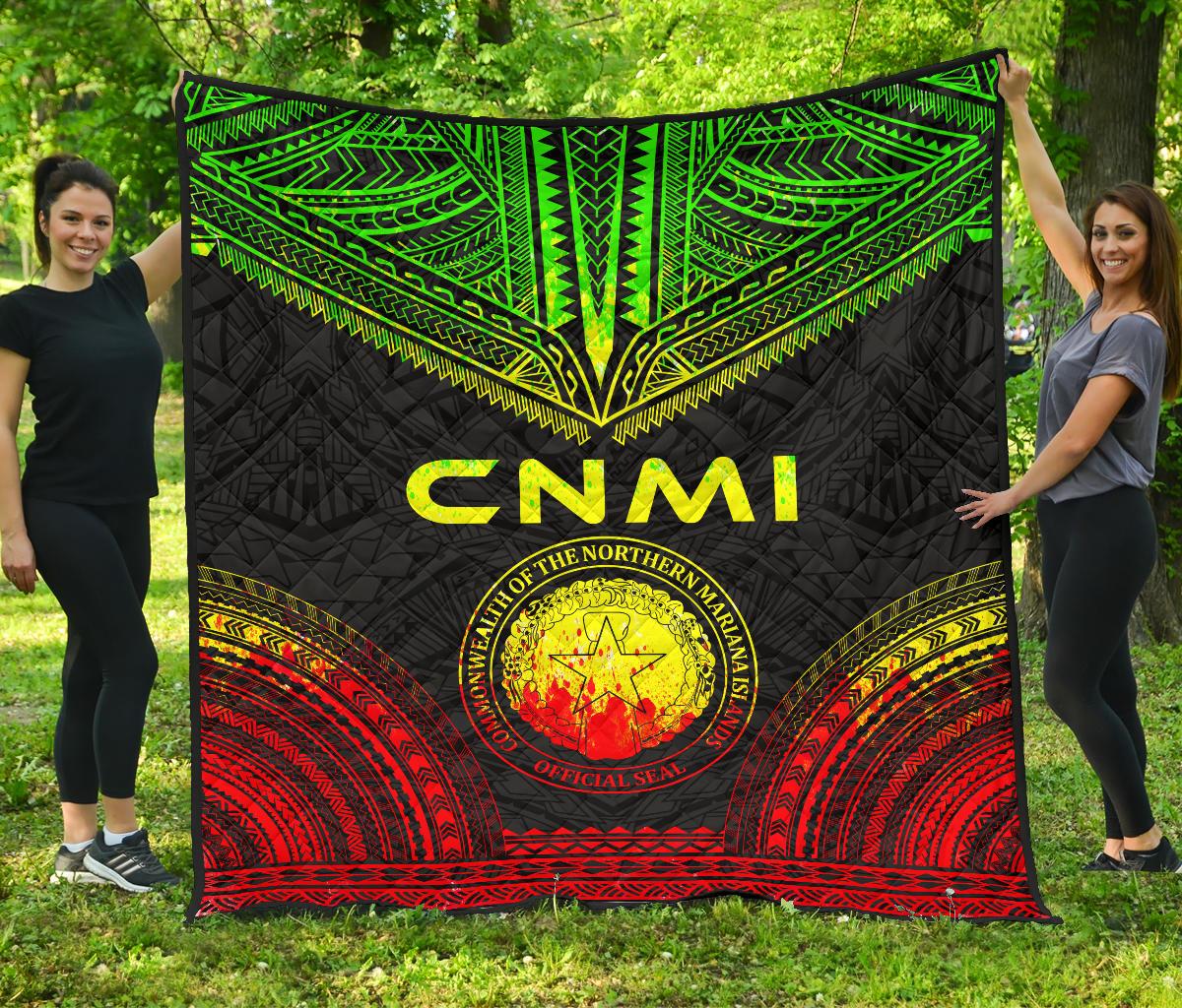 Northern Mariana Islands Premium Quilt - CNMI Seal Polynesian Chief Reggae Version - Polynesian Pride