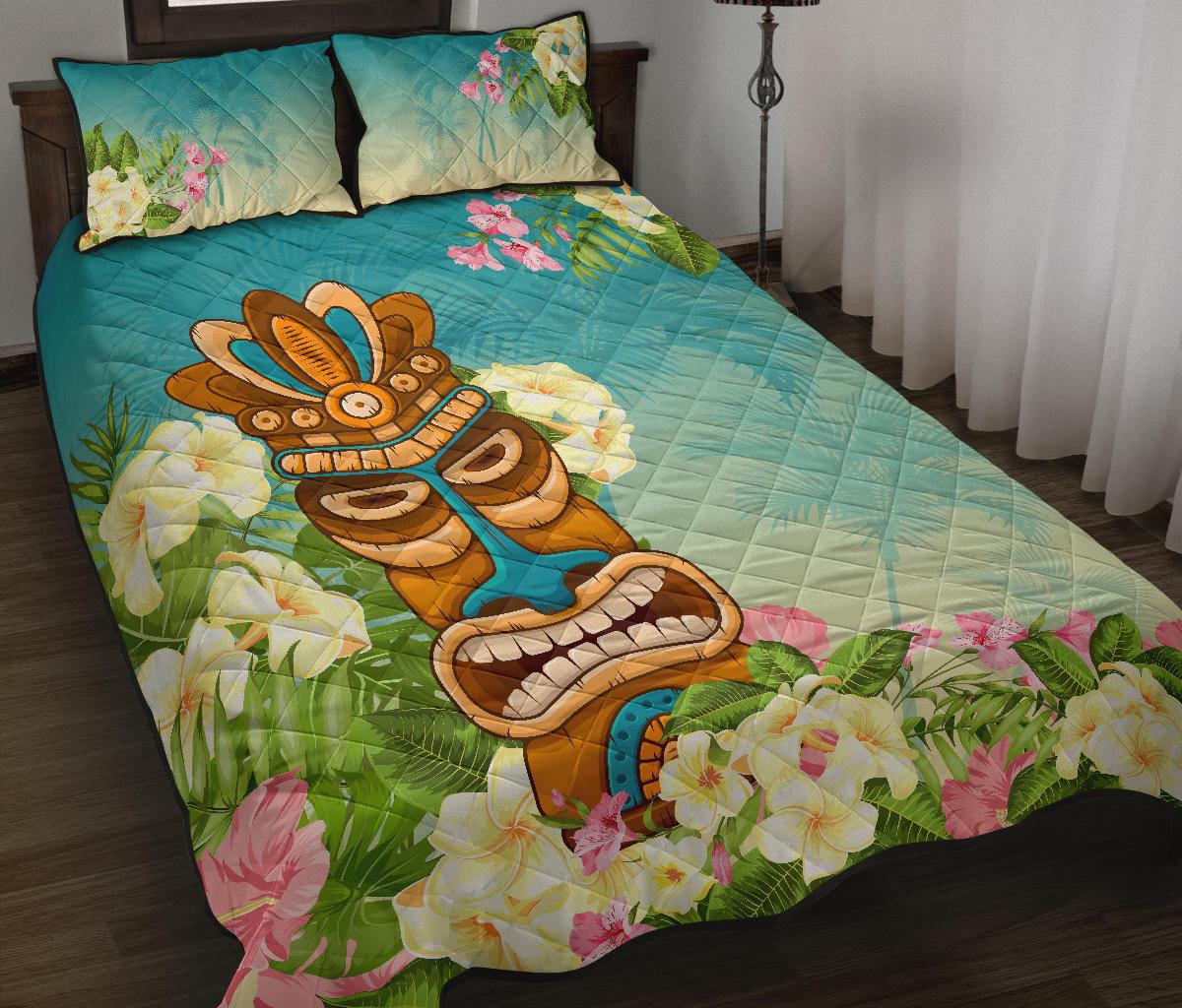 Hawaii Quilt Bed Set - Tiki With Hibiscus Floral Blue - Polynesian Pride