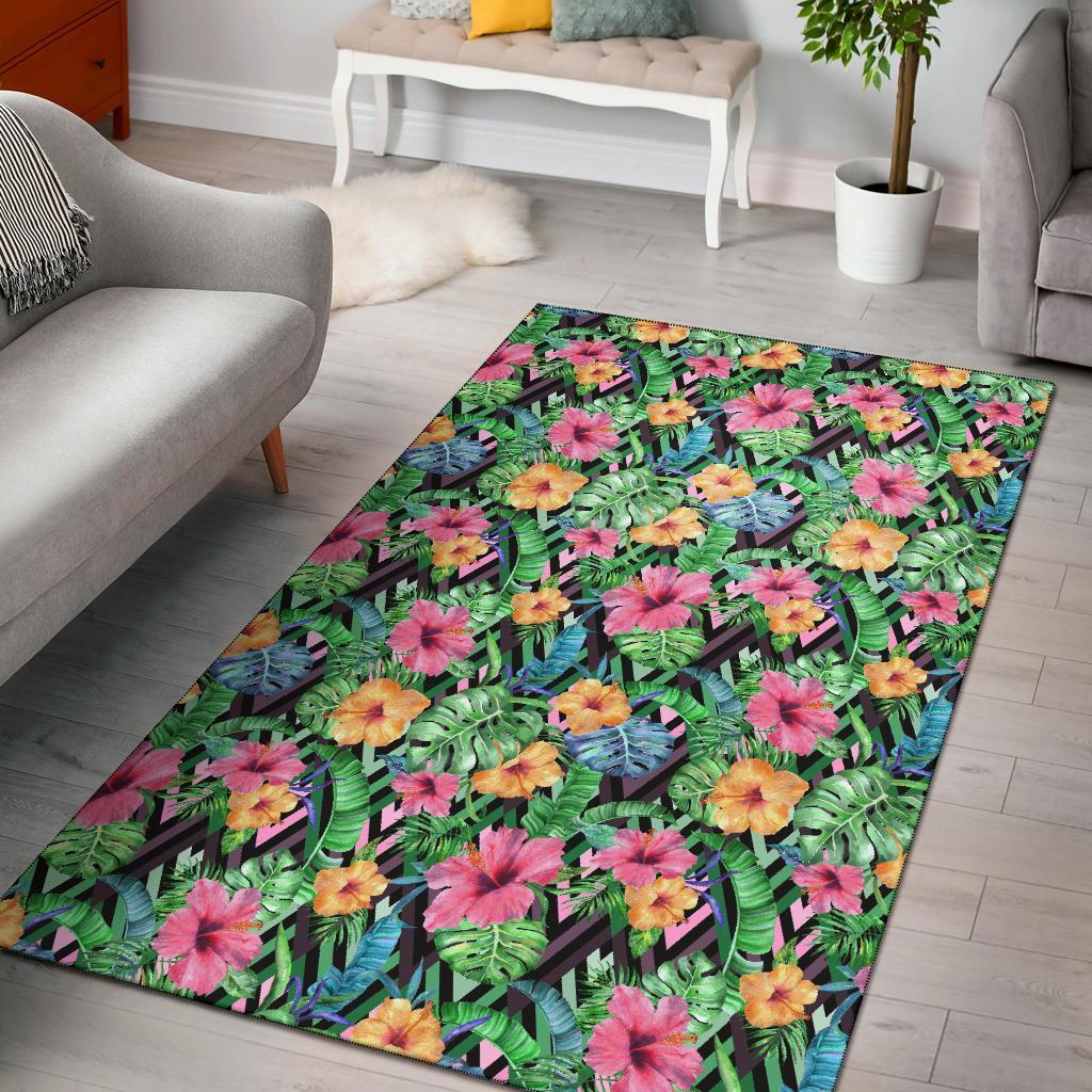 Tropical Hibiscus Banana Leafs Rug Black - Polynesian Pride