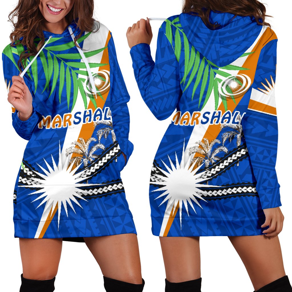 Marshall Islands Rugby Women Hoodie Dress Coconut Leaves Blue - Polynesian Pride