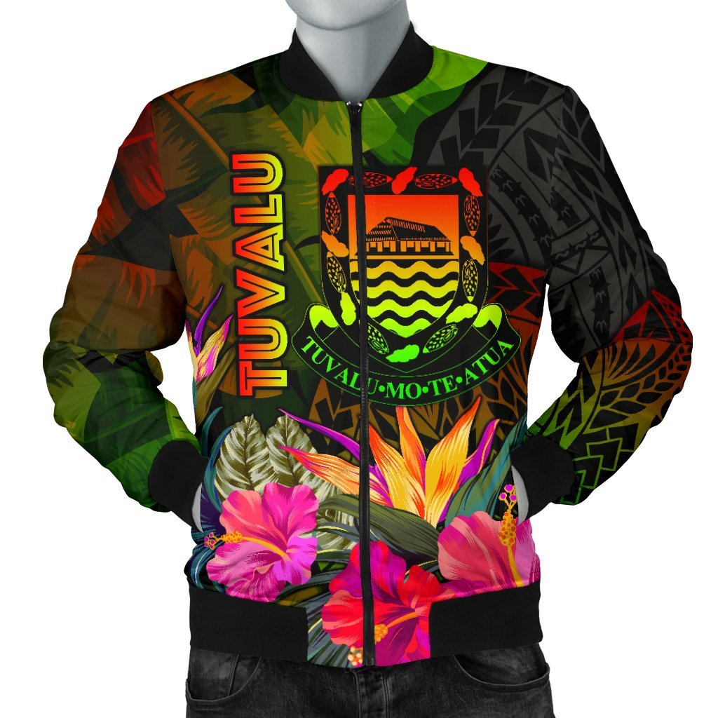 Tuvalu Polynesian Men's Bomber Jacket - Hibiscus and Banana Leaves Reggae - Polynesian Pride