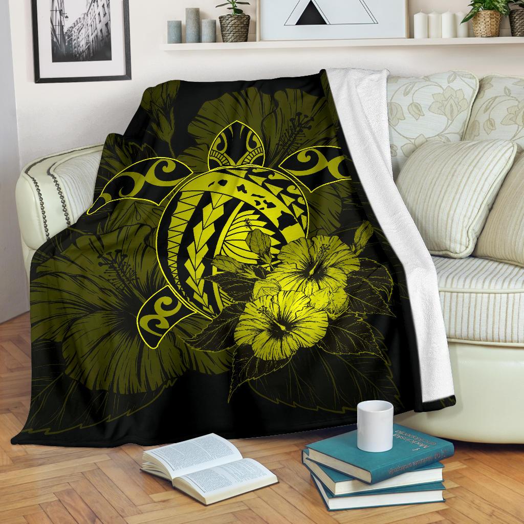 Hawaii Hibiscus Premium Blanket - Harold Turtle - Yellow White - Polynesian Pride