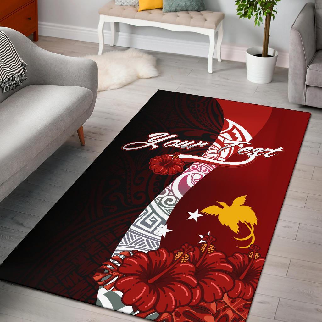 Papua New Guinea Polynesian Custom personalised Area Rug - Coat Of Arm With Hibiscus Red - Polynesian Pride