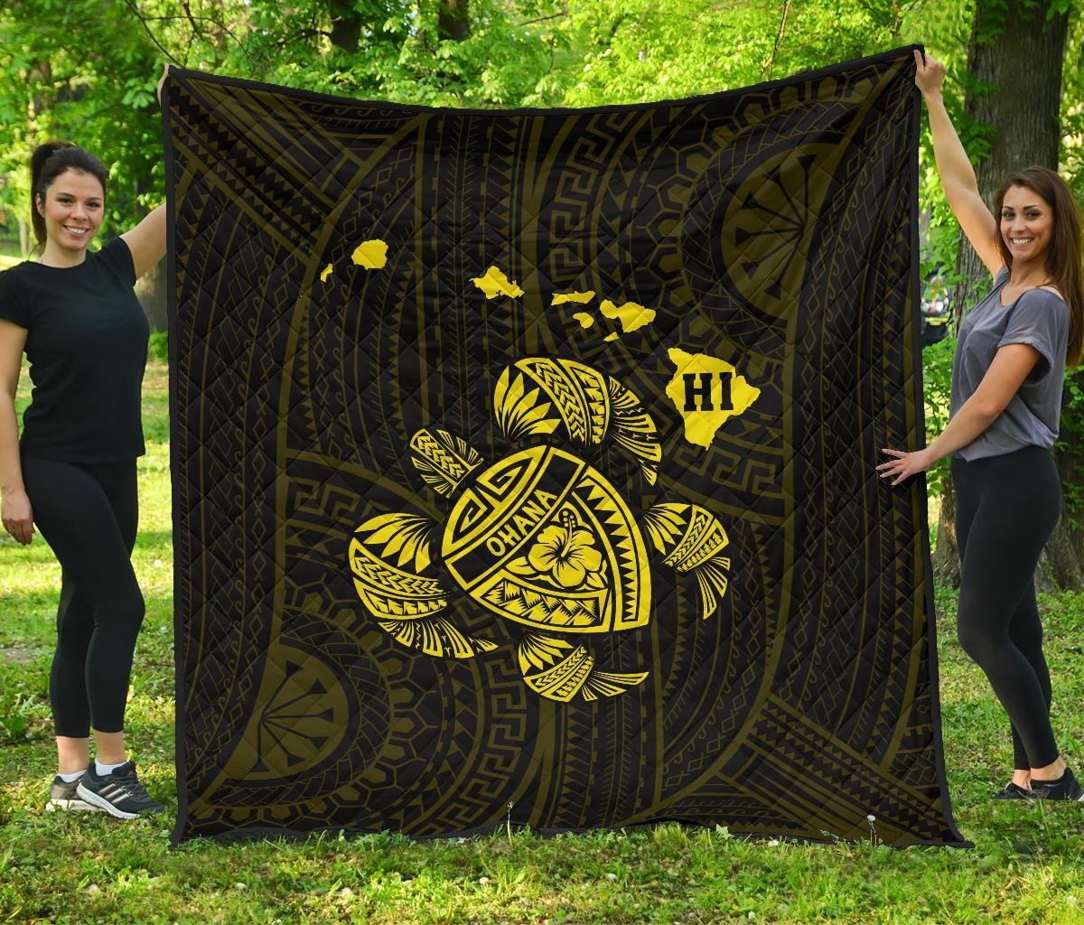 Hawaii Turtle Hibicus Map Premium Quilt - Yellow Yellow - Polynesian Pride