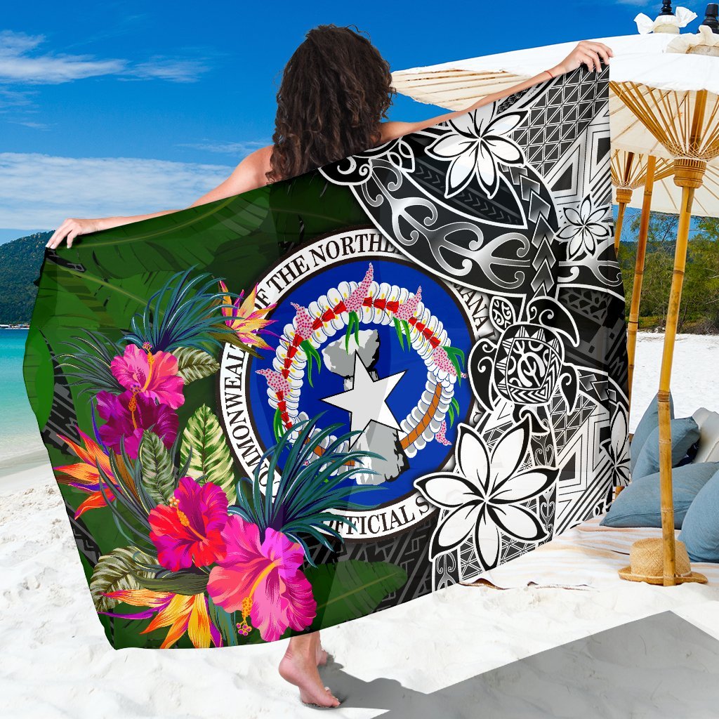 Northern Mariana Islands Sarong - Turtle Plumeria Banana Leaf Sarong One Size Black - Polynesian Pride