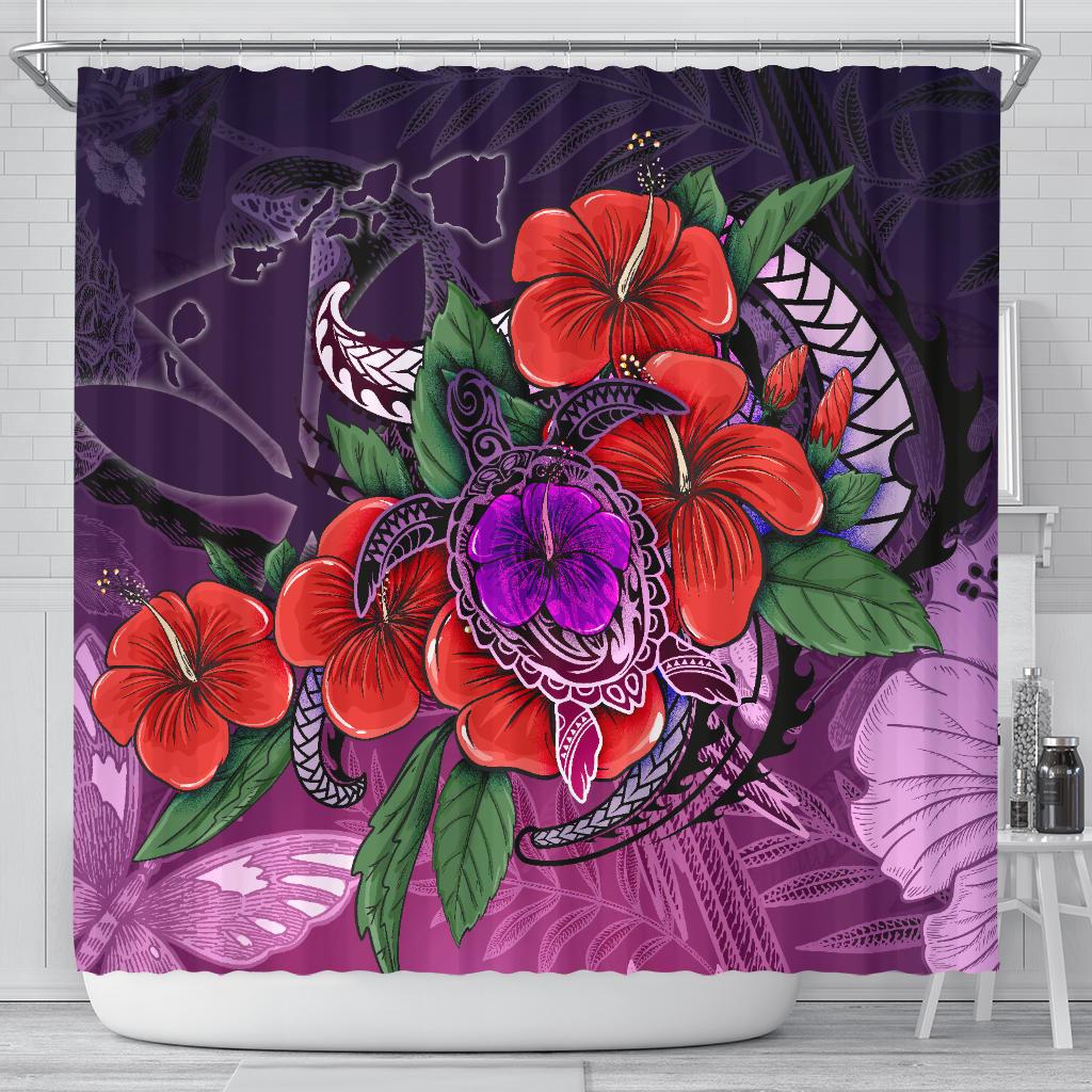 Polynesian Hawaii Shower Curtain - Purple Hibiscus Turtle Flowing 177 x 172 (cm) PURPLE - Polynesian Pride