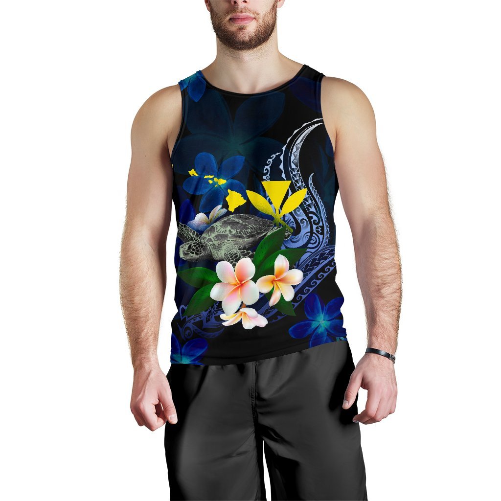 Polynesian Hawaii Men's Tank Top - Turtle With Plumeria Flowers Blue - Polynesian Pride