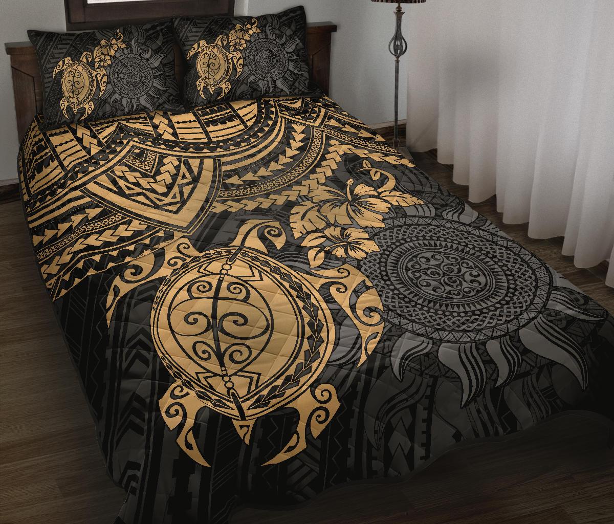 Polynesian Quilt Bed Set - Polynesian Golden Turtle Hibiscus Golden - Polynesian Pride