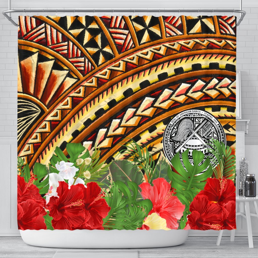 American Samoa Shower Curtain - Vintage Pattern With Hibiscus Flower 177 x 172 (cm) Gold - Polynesian Pride