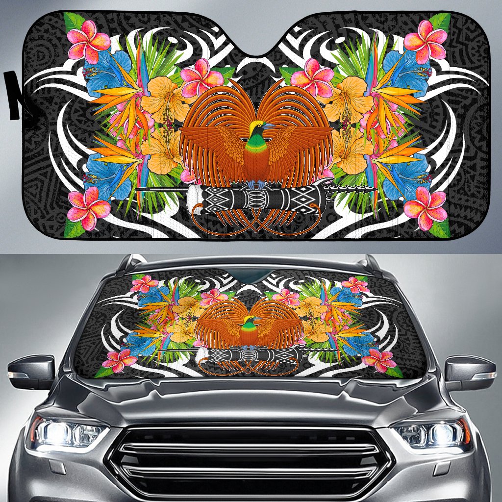 Papua New Guinea Auto Sun Shades - Coat Of Arms With Tropical Flowers Auto Sun Shade - PNG Universal Fit Black - Polynesian Pride
