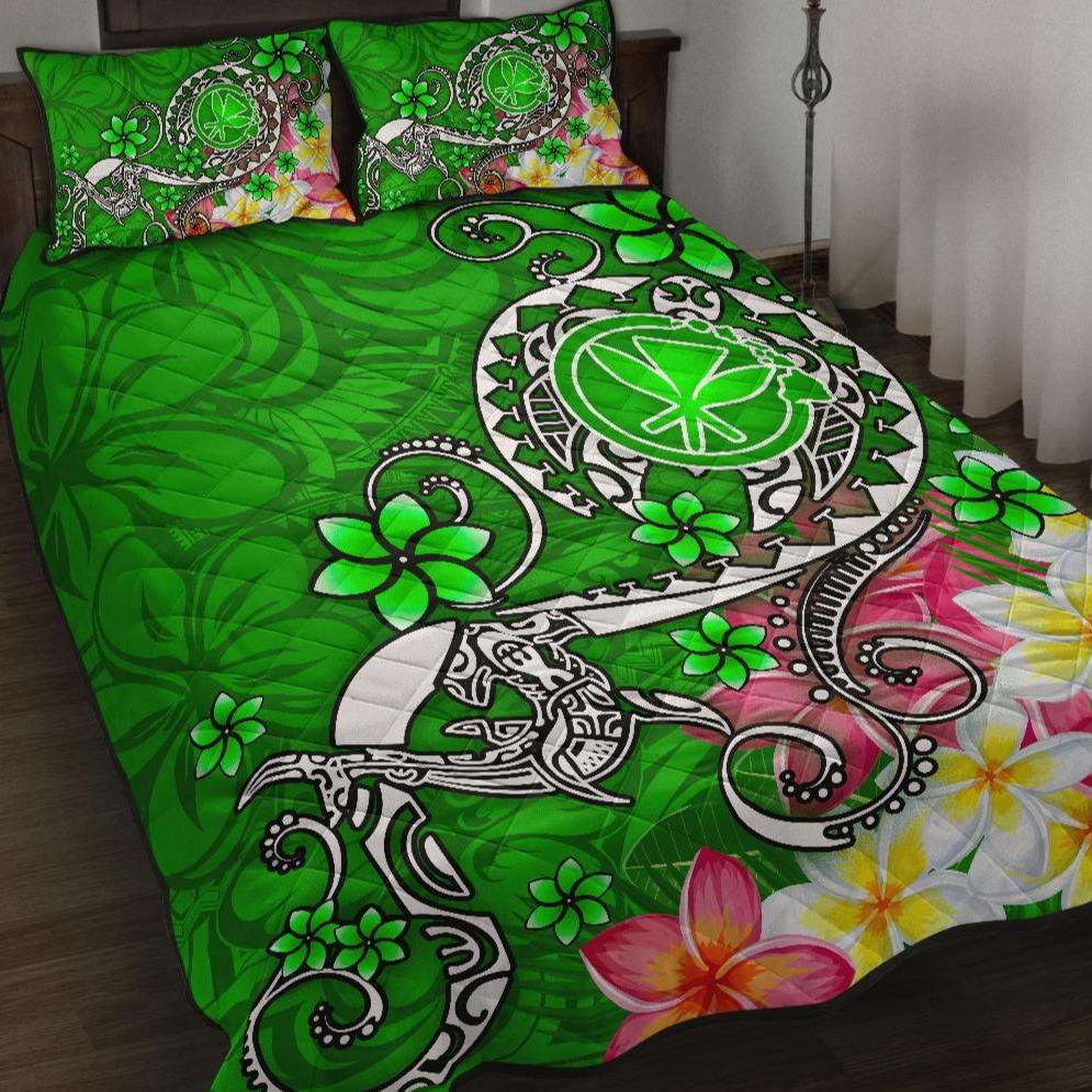 Hawaii Quilt Bed Set - Turtle Plumeria Polynesian Tattoo Green Color Green - Polynesian Pride