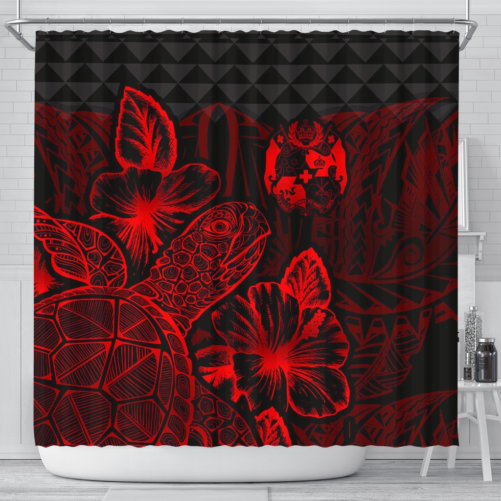 Tonga Shower Curtain Turtle Hibiscus Red 177 x 172 (cm) Red - Polynesian Pride