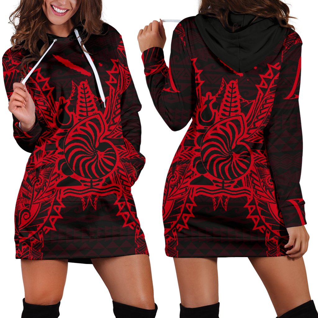 New Caledonia Polynesian Hoodie Dress Map Red Red - Polynesian Pride