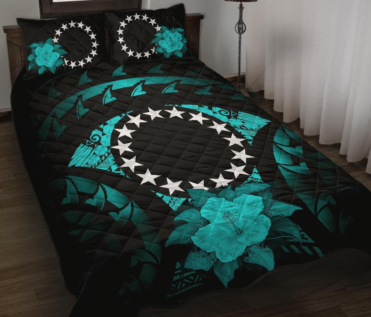 Cook Islands Polynesian Quilt Bed Set Hibiscus Turquoise Black - Polynesian Pride