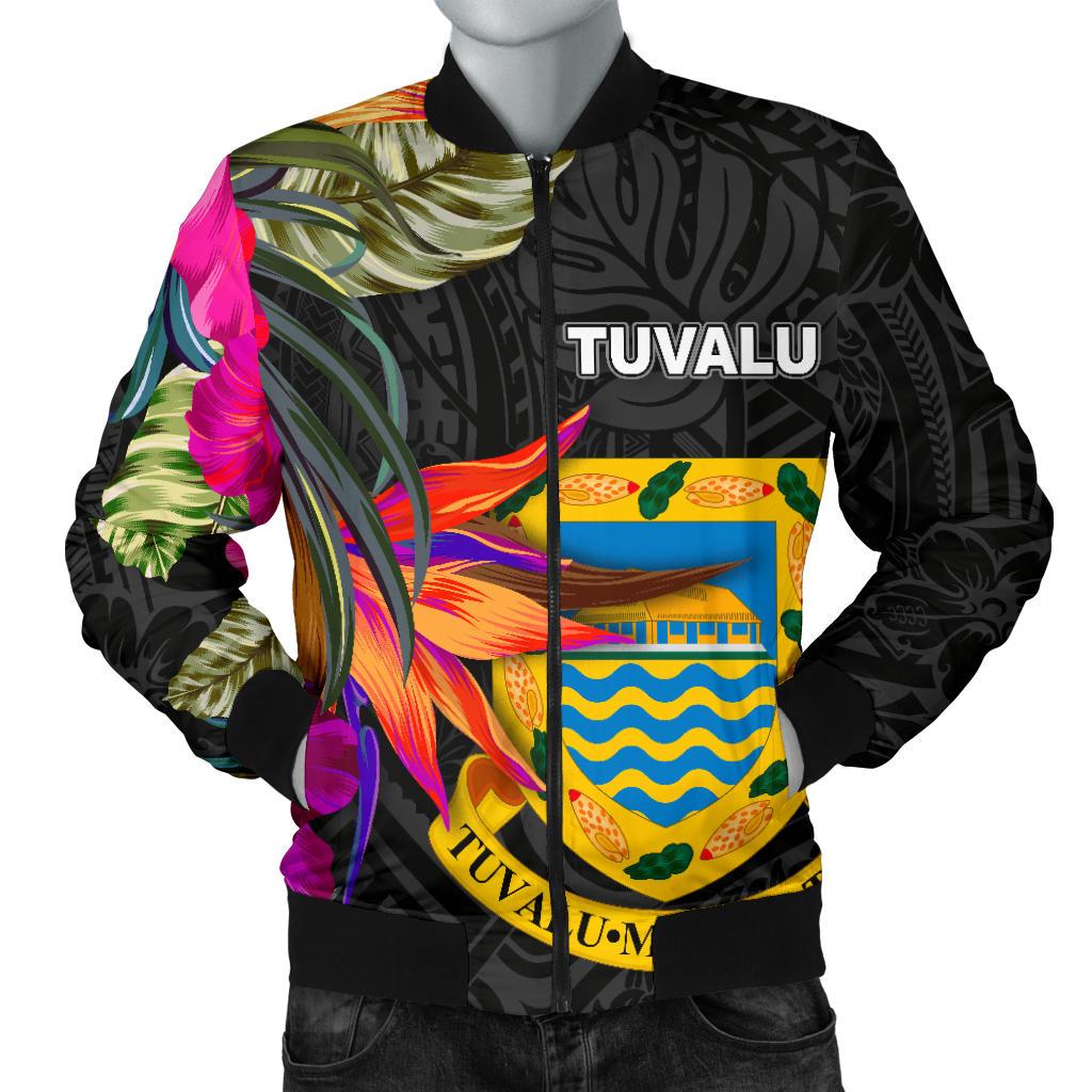 Tuvalu Men's Bomber Jacket - Hibiscus Polynesian Pattern Black - Polynesian Pride