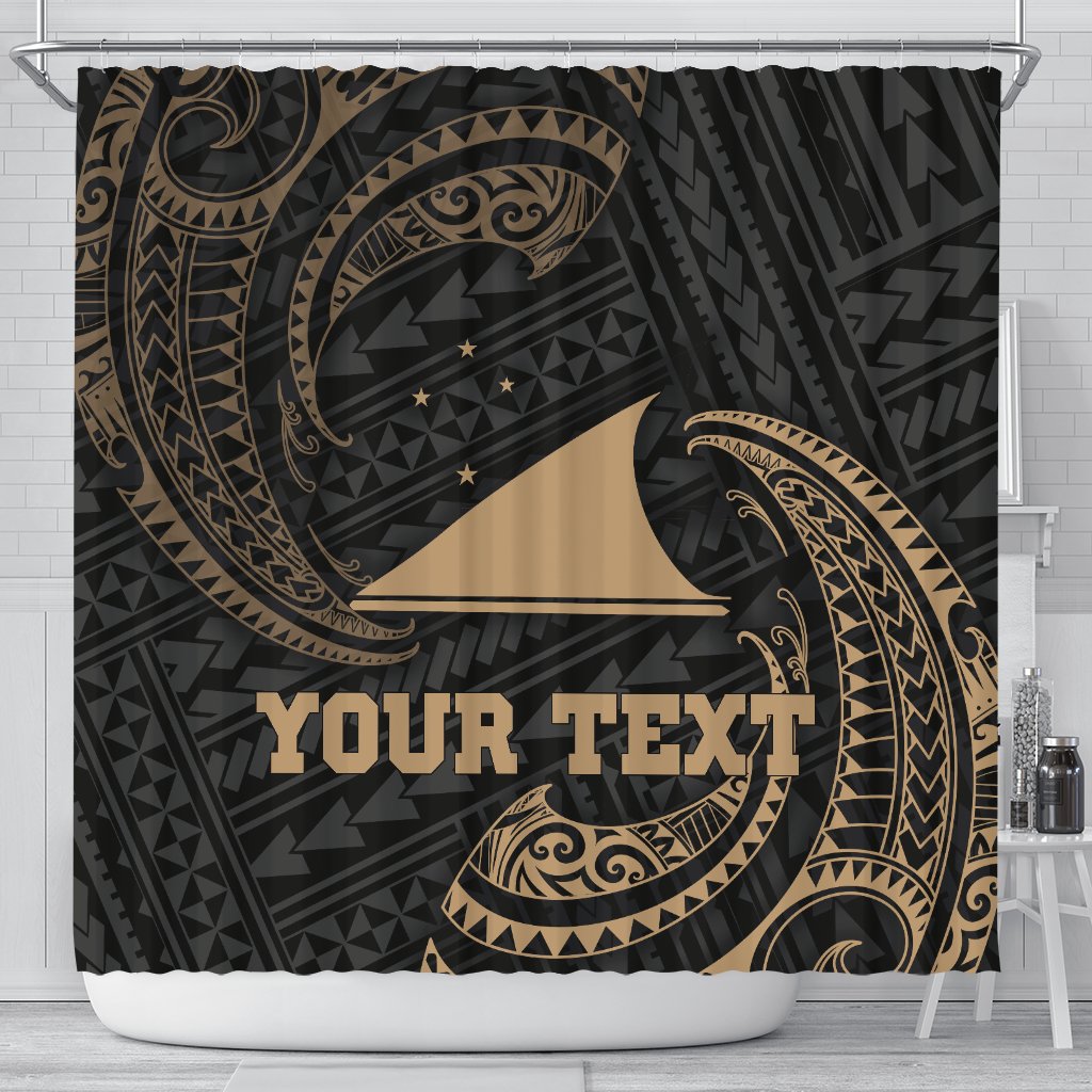 Tokelau Polynesian Custom Personalised Shower Curtain - Gold Tribal Wave 177 x 172 (cm) Black - Polynesian Pride