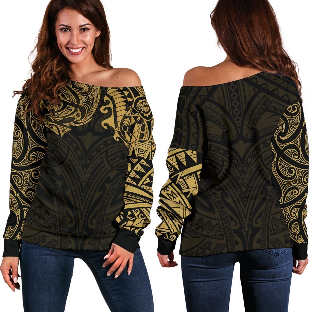 New Zealand Women's Off Shoulder Sweater, Maori Polynesian Tattoo Gold Gold - Polynesian Pride