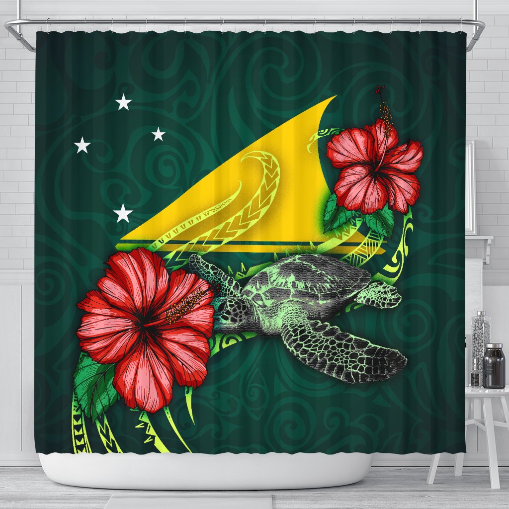 Tokelau Polynesian Shower Curtain - Green Turtle Hibiscus 177 x 172 (cm) Green - Polynesian Pride