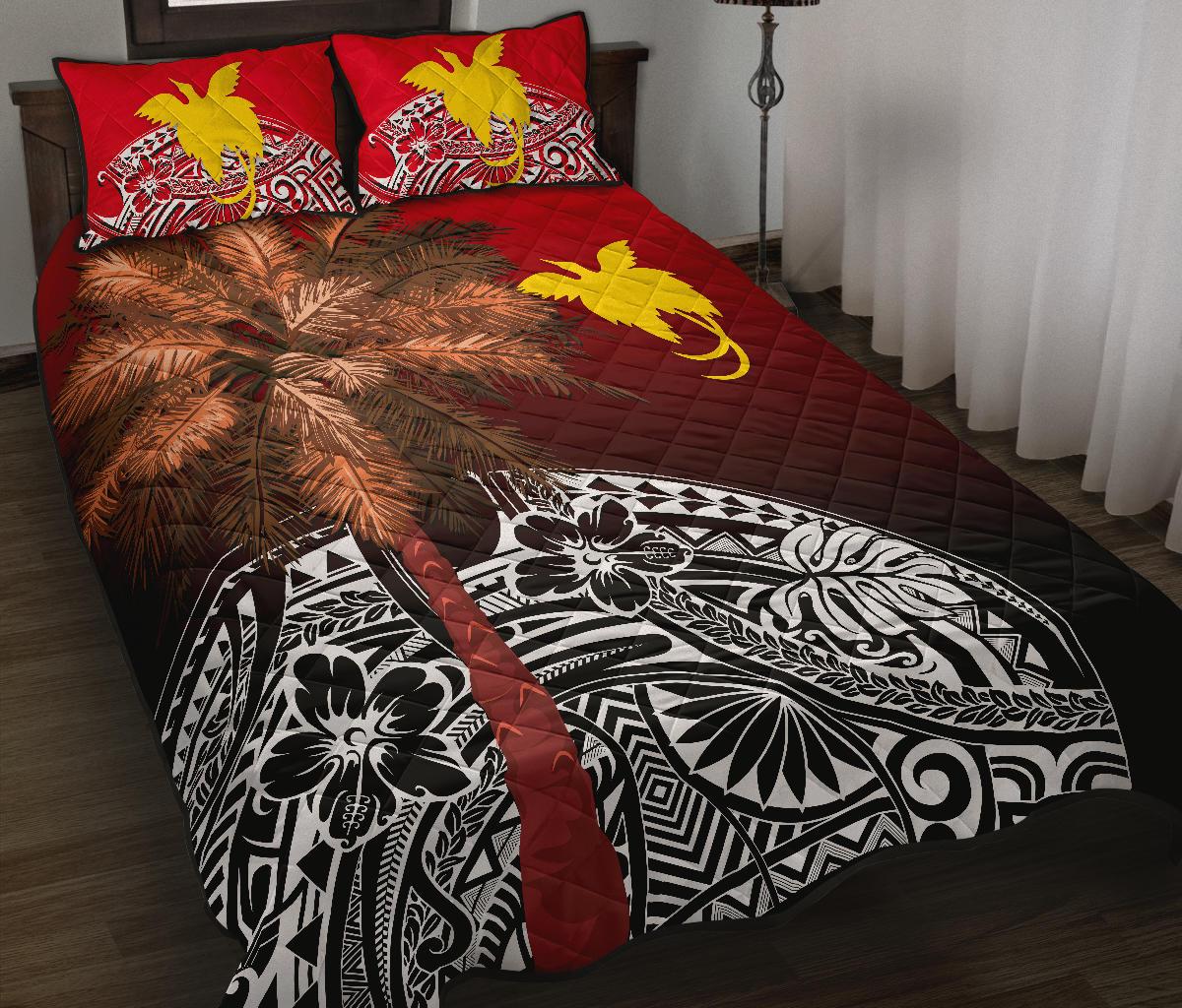 Papua New Guinea Quilt Bed Set - Polynesian Palm Tree Black - Polynesian Pride