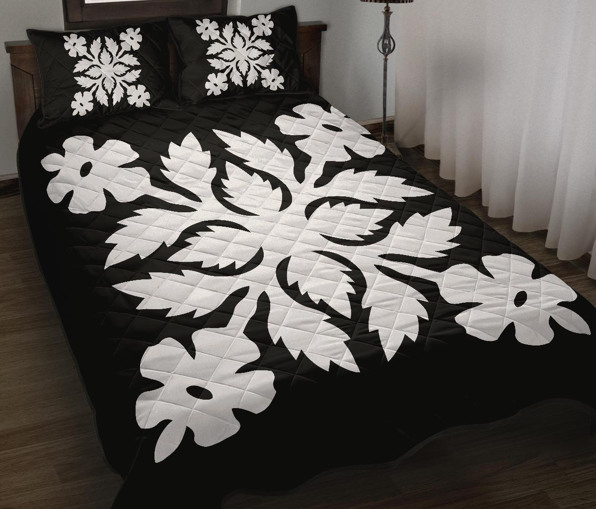 Hawaiian Quilt Bed Set Royal Pattern - Black And White - B2 Style White - Polynesian Pride