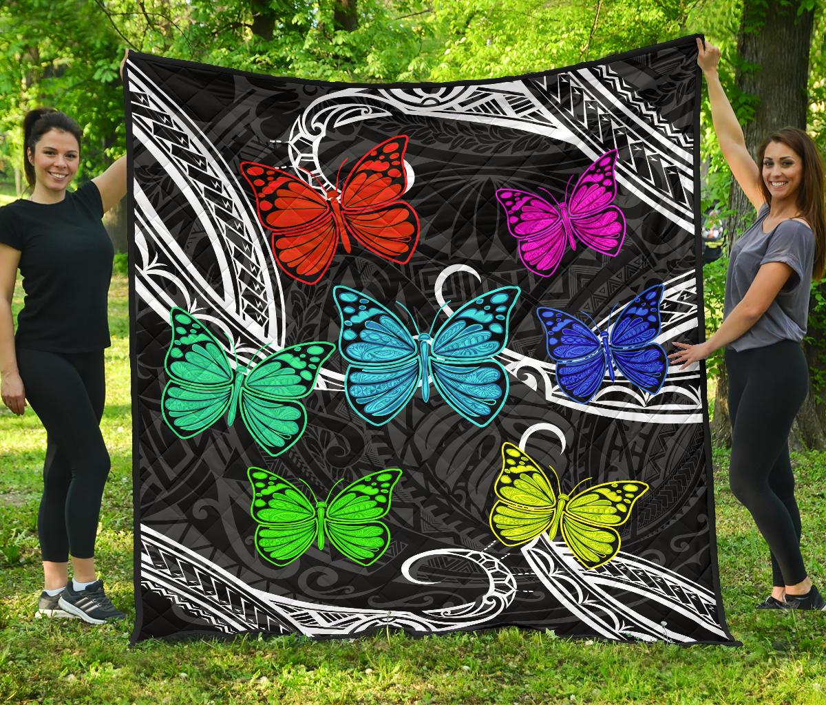 Hawaii Polynesian Butterflies Premium Quilt Black - Polynesian Pride