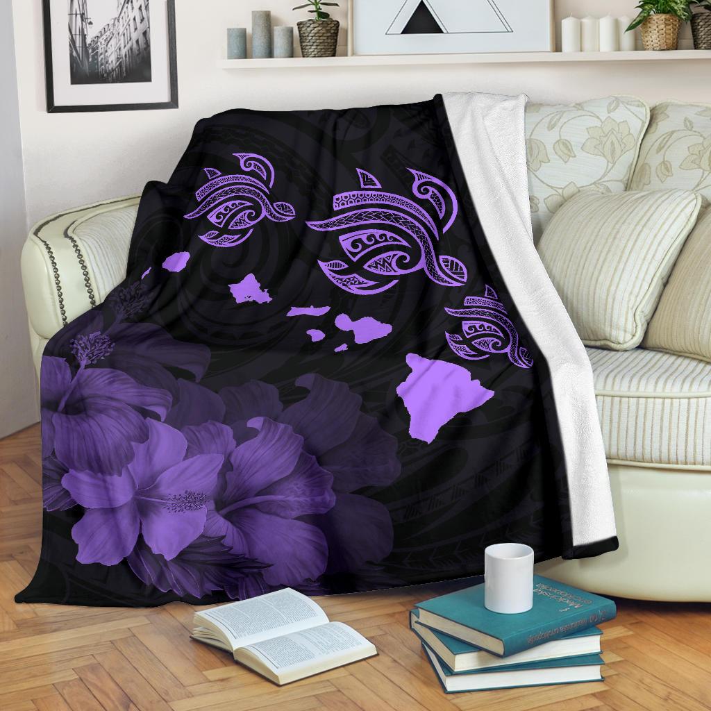 Hawaii Hibiscus Map Polynesian Ancient Purple Premium Blanket White - Polynesian Pride