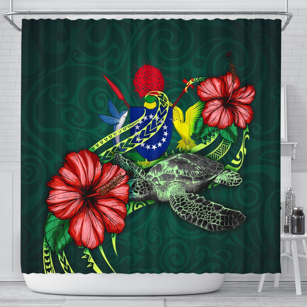 Cook Islands Polynesian Shower Curtain - Green Turtle Hibiscus 177 x 172 (cm) Green - Polynesian Pride