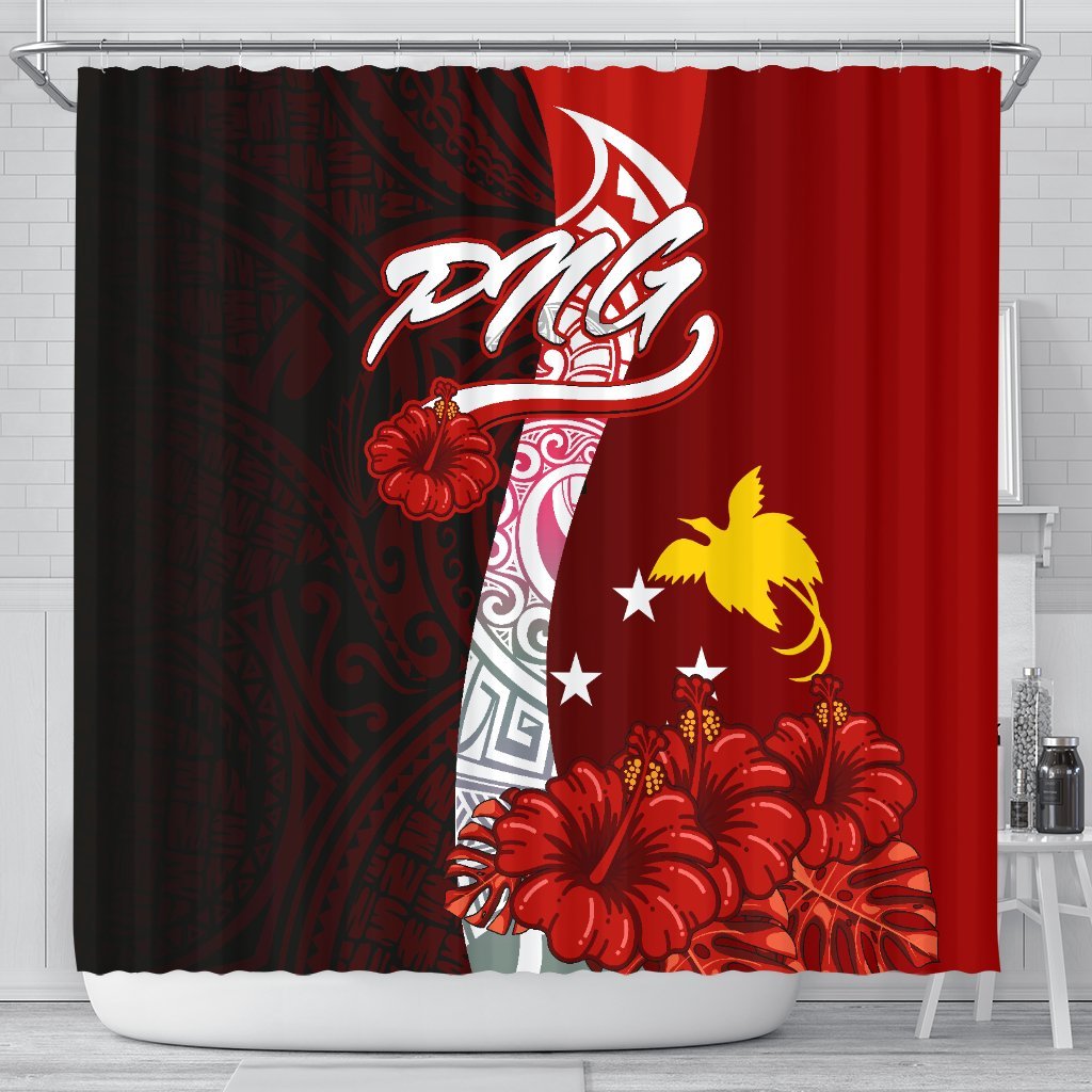 Papua New Guinea Polynesian Shower Curtain - Coat Of Arm With Hibiscus 177 x 172 (cm) Red - Polynesian Pride