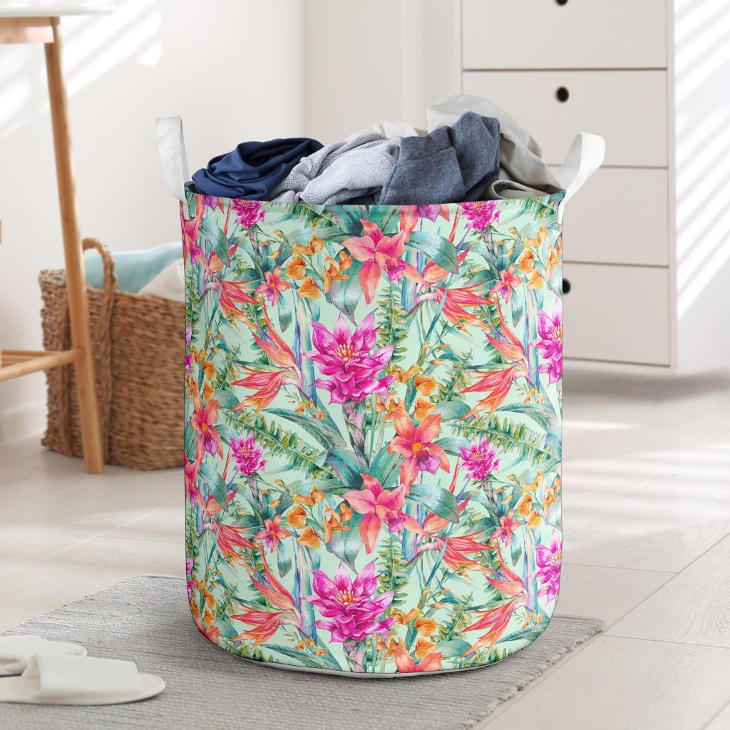 Hawaii Watercolor Vintage Floral Tropical Bird of Paradise Hawaii Laundry Basket AH Laundry Basket - 1 One Size White - Polynesian Pride