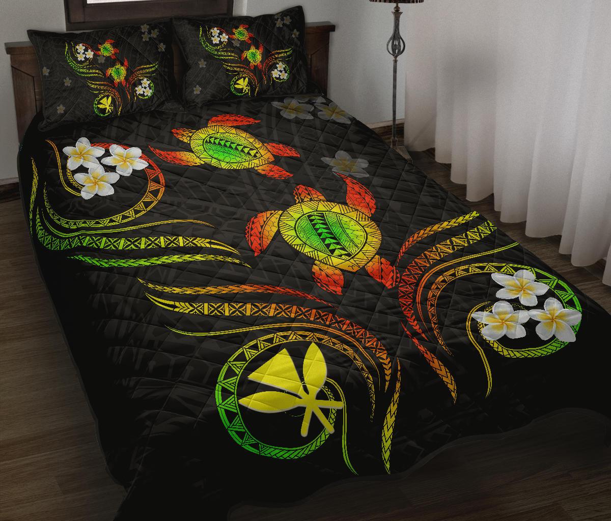 Hawaii Kanaka Turtle Plumeria Polynesian Quilt Bed Set - Royal - AH Art - Polynesian Pride