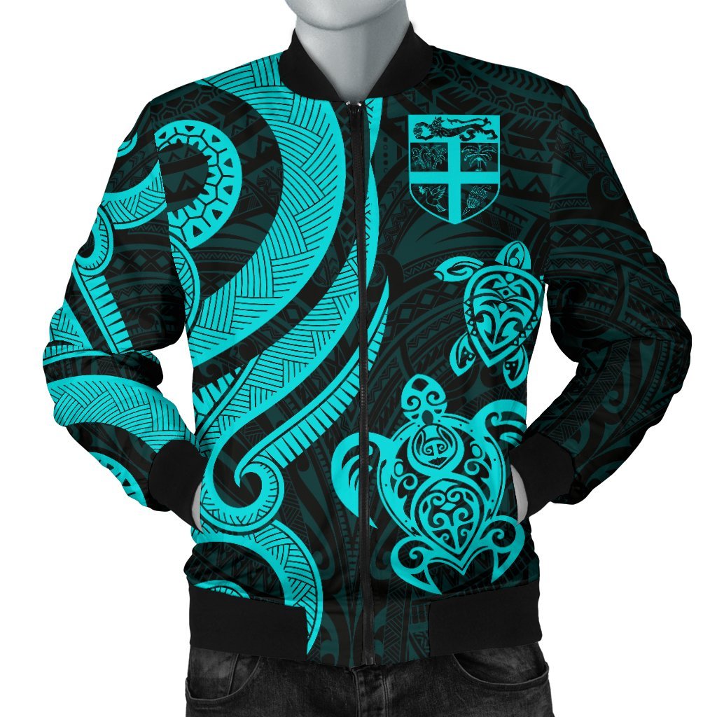 Fiji Polynesian Men Bomber Jacket - Turquoise Tentacle Turtle Turquoise - Polynesian Pride