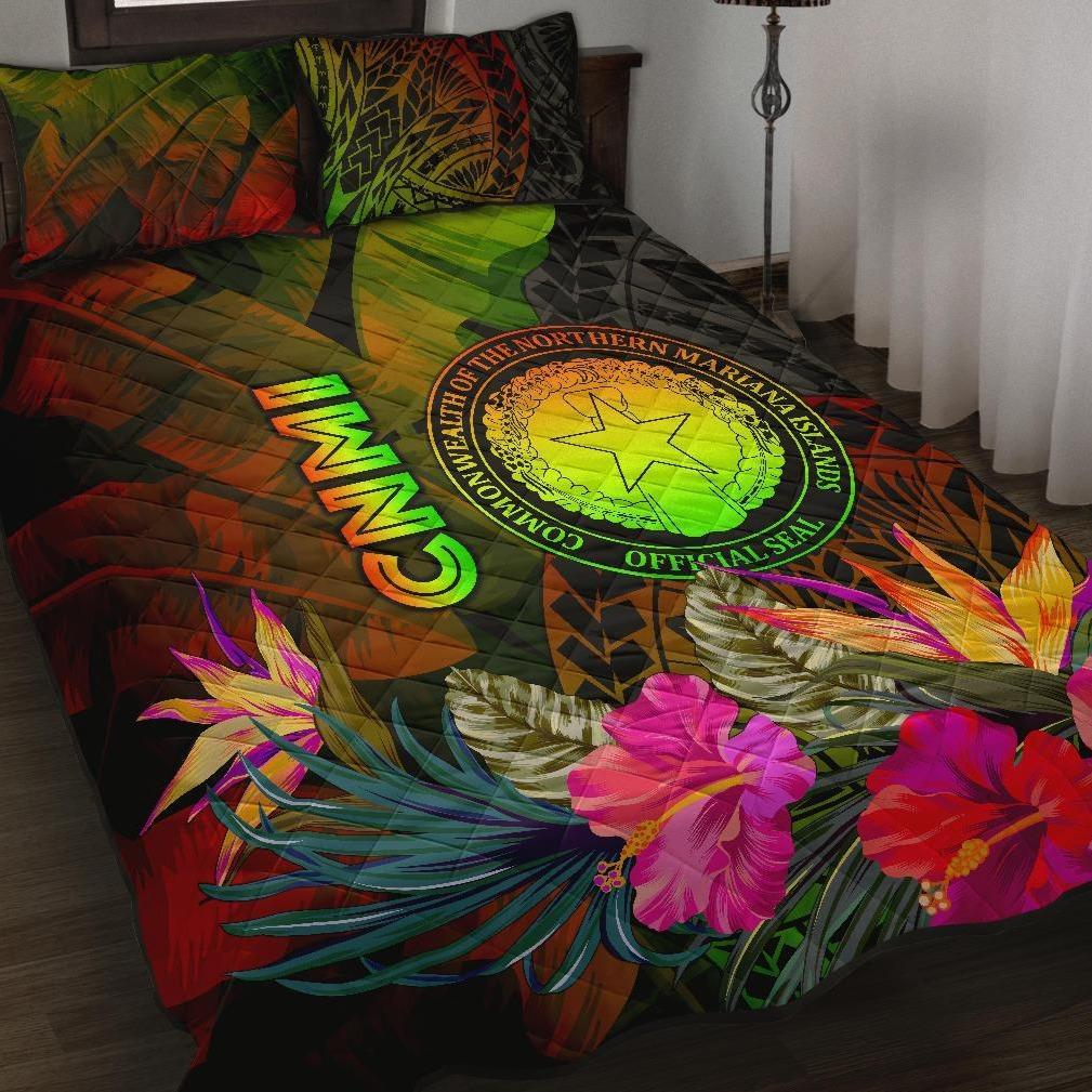 Northern Mariana Islands Polynesian Quilt Bed Set - Hibiscus and Banana Leaves Art - Polynesian Pride