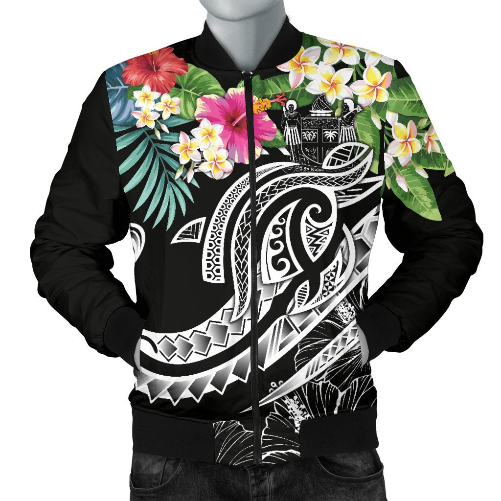 Fiji Polynesian Men's Bomber Jacket - Summer Plumeria (Black) Black - Polynesian Pride