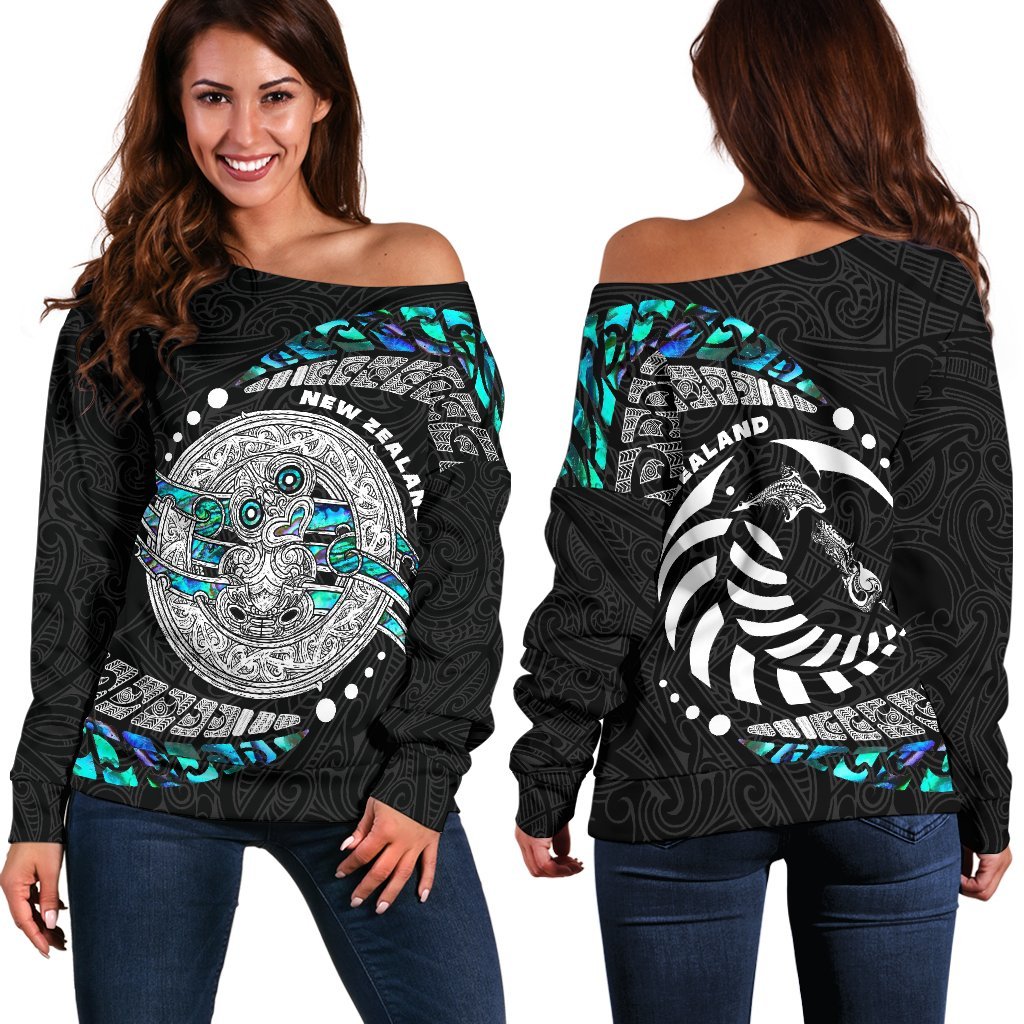 Maori New Zealand Women's Off Shoulder Sweater Hei Tiki Sport Style Black - Polynesian Pride