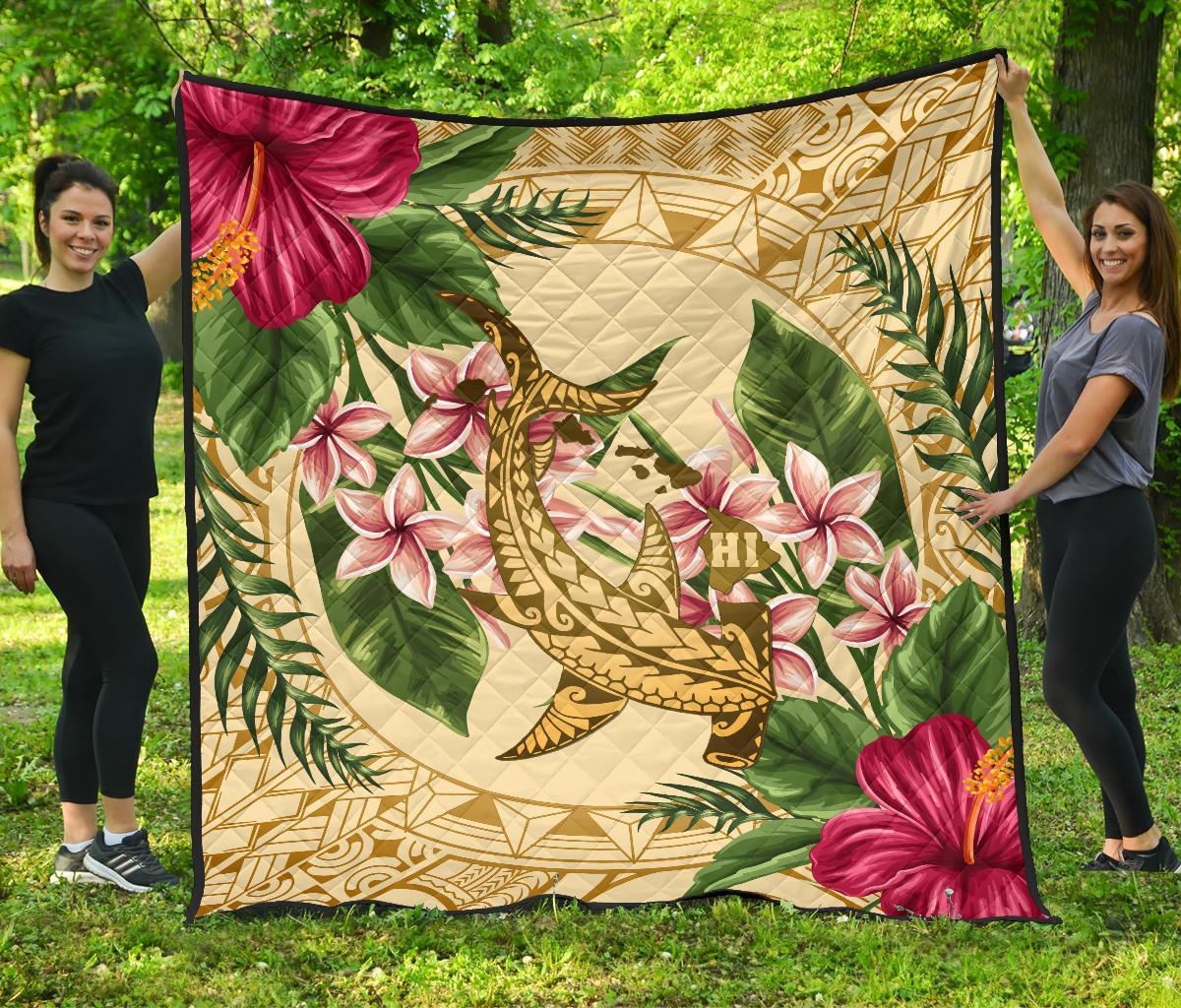 Hawaii Premium Quilt - Hammerhead Shark Premium Quilt Strong Pattern Hibiscus Plumeria AH Gold - Polynesian Pride