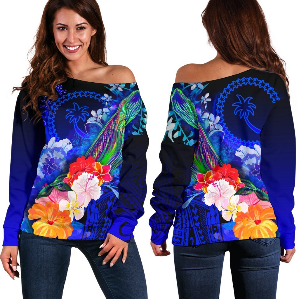 Custom Personalised Chuuk Women's Off Shoulder Sweater - Humpback Whale with Tropical Flowers (Blue) - Polynesian Pride