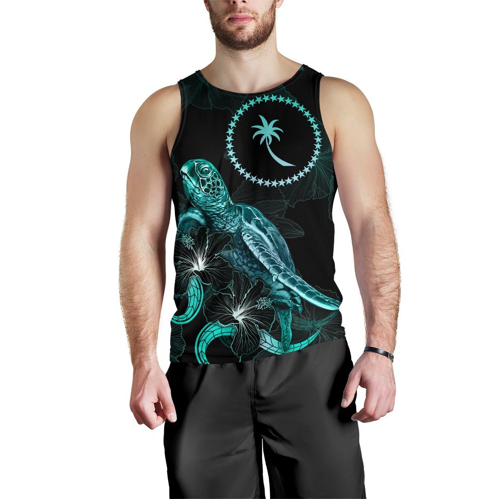 Chuuk Polynesian Men Tank Top - Turtle With Blooming Hibiscus Tuquoise - Polynesian Pride