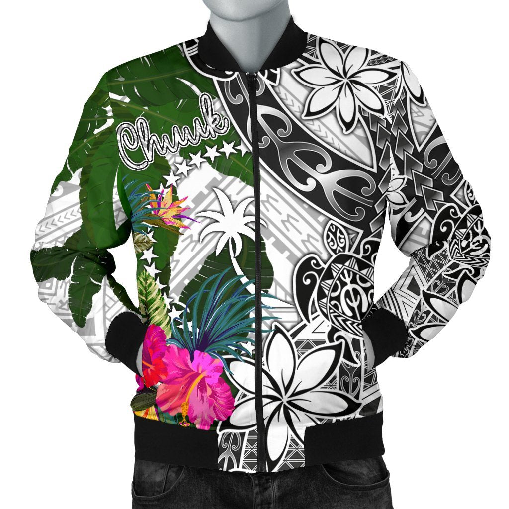 Chuuk Men's Bomber Jacket White - Turtle Plumeria Banana Leaf White - Polynesian Pride