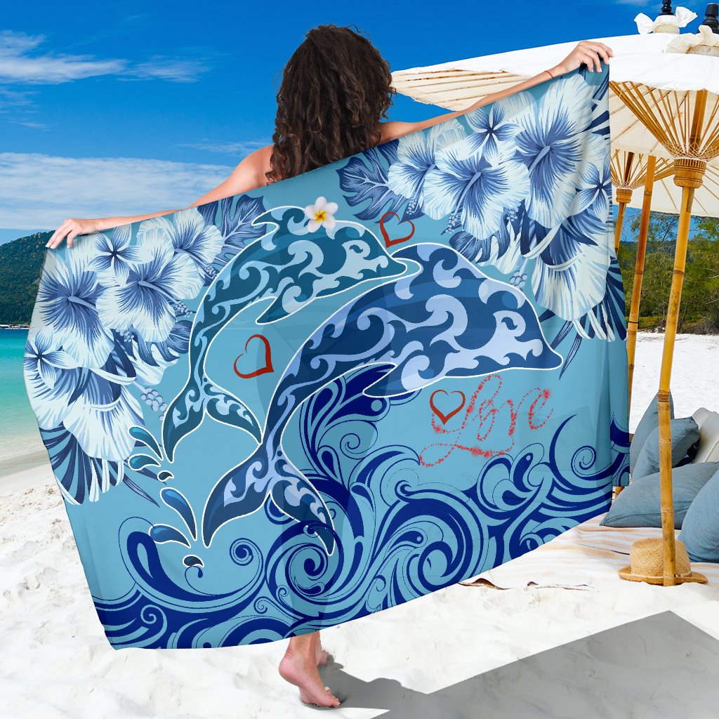 Hawaii Dolphin Couple Valentine's Hibiscus Sarong - Tender Style - AH Sarong Blue - Polynesian Pride