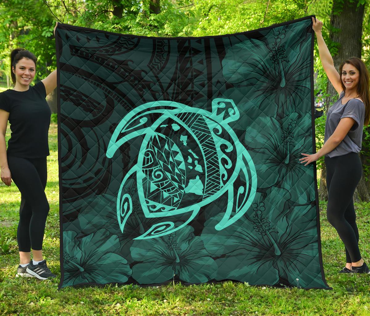 Hawaii Turtle Kanaka Map Hibiscus Poly Premium Quilt - Turquoise Turquoise - Polynesian Pride