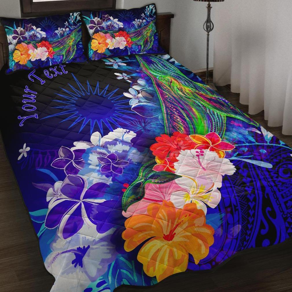 Marshall Islands Custom Personalised Quilt Bed Set - Humpback Whale with Tropical Flowers (Blue) Blue - Polynesian Pride