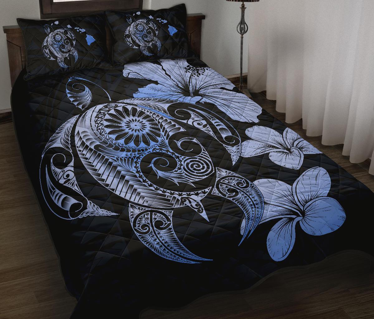 Hibiscus Plumeria Mix Polynesian Blue Turtle Quilt Bed Set Blue - Polynesian Pride