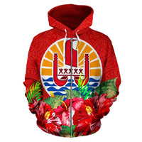 French Polynesia Polynesian Zip Hoodie Flag Hibiscus - Polynesian Pride