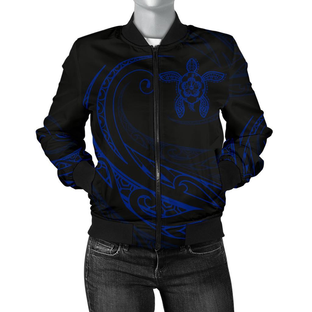 Hawaii Turtle Polynesian Women's Bomber Jacket - Blue - Frida Style Blue - Polynesian Pride