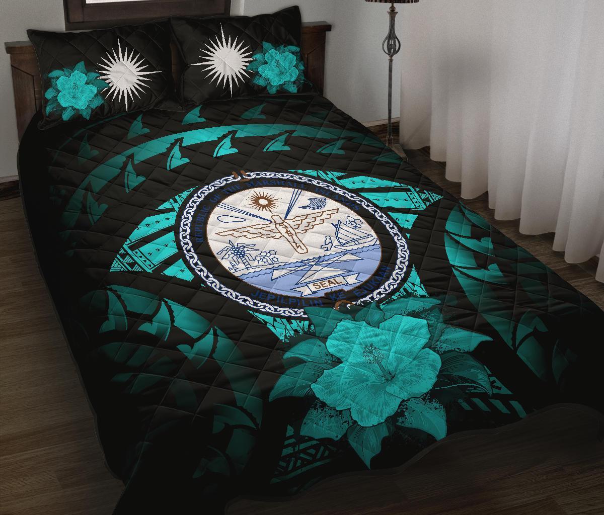 Marshall Islands Polynesian Quilt Bed Set Hibiscus Turquoise Black - Polynesian Pride