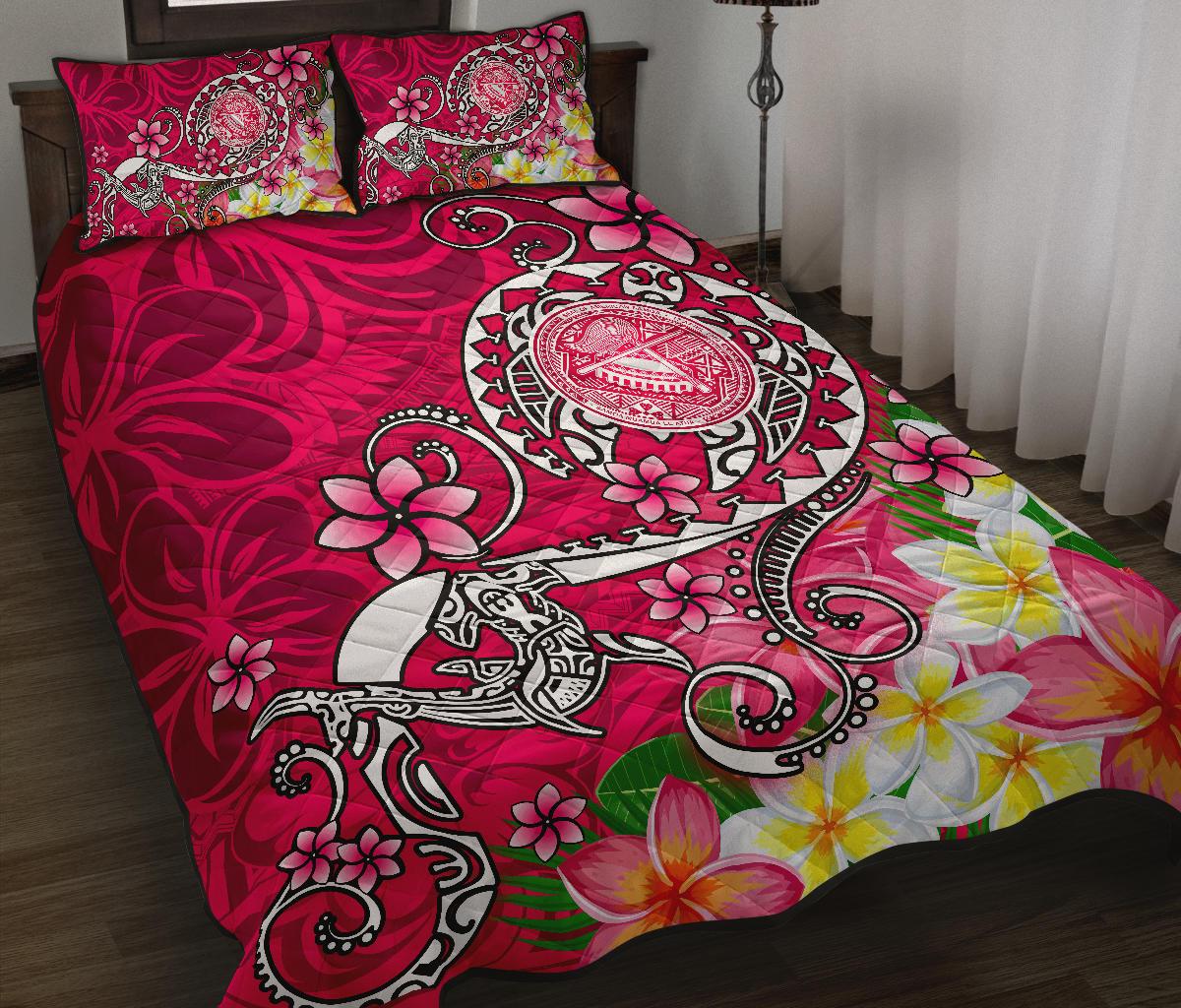 American Samoa Polynesian Quilt Bed Set - Turtle Plumeria (Pink) Art - Polynesian Pride